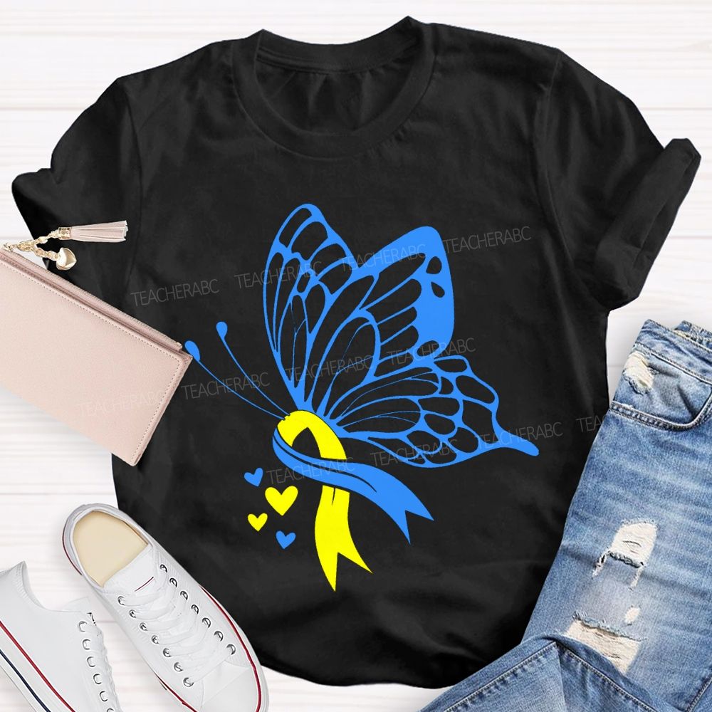 Down Syndrome Awareness Blue And Yellow Butterfly Teacher T-shirt