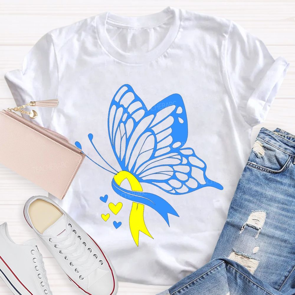 Down Syndrome Awareness Blue And Yellow Butterfly Teacher T-shirt