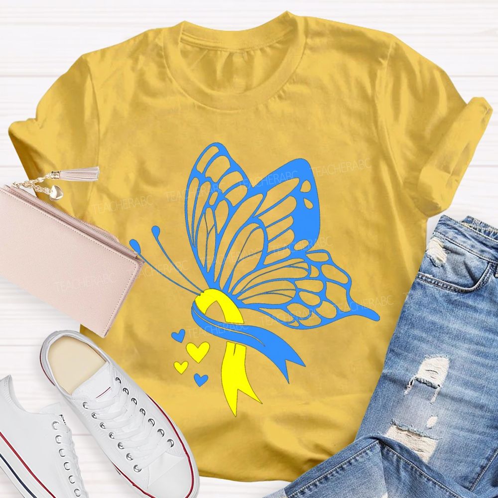 Down Syndrome Awareness Blue And Yellow Butterfly Teacher T-shirt
