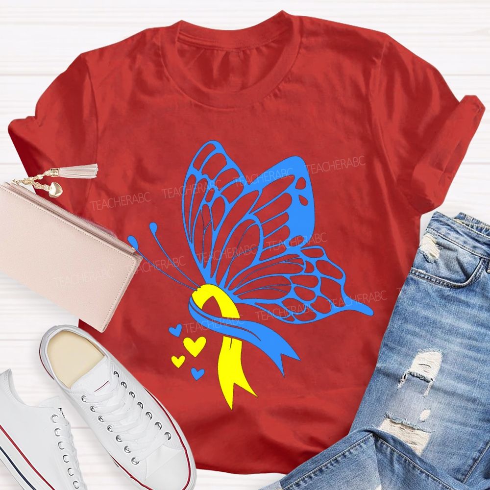 Down Syndrome Awareness Blue And Yellow Butterfly Teacher T-shirt