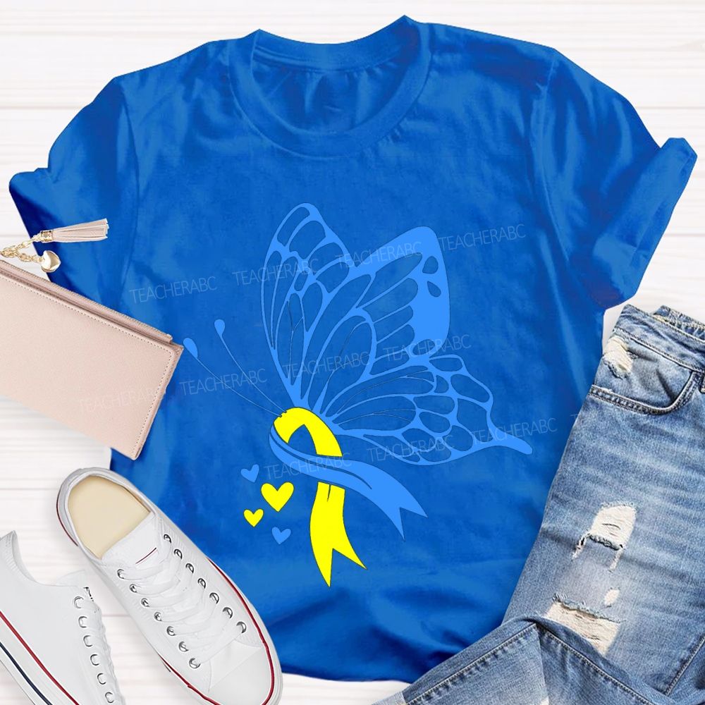 Down Syndrome Awareness Blue And Yellow Butterfly Teacher T-shirt