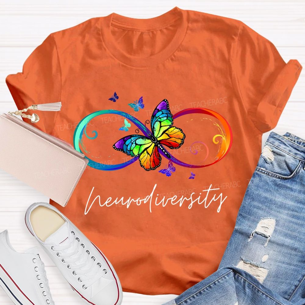 Neurodiversity Autism Awareness Butterfly And Rainbow Infinity Symbol T-shirt