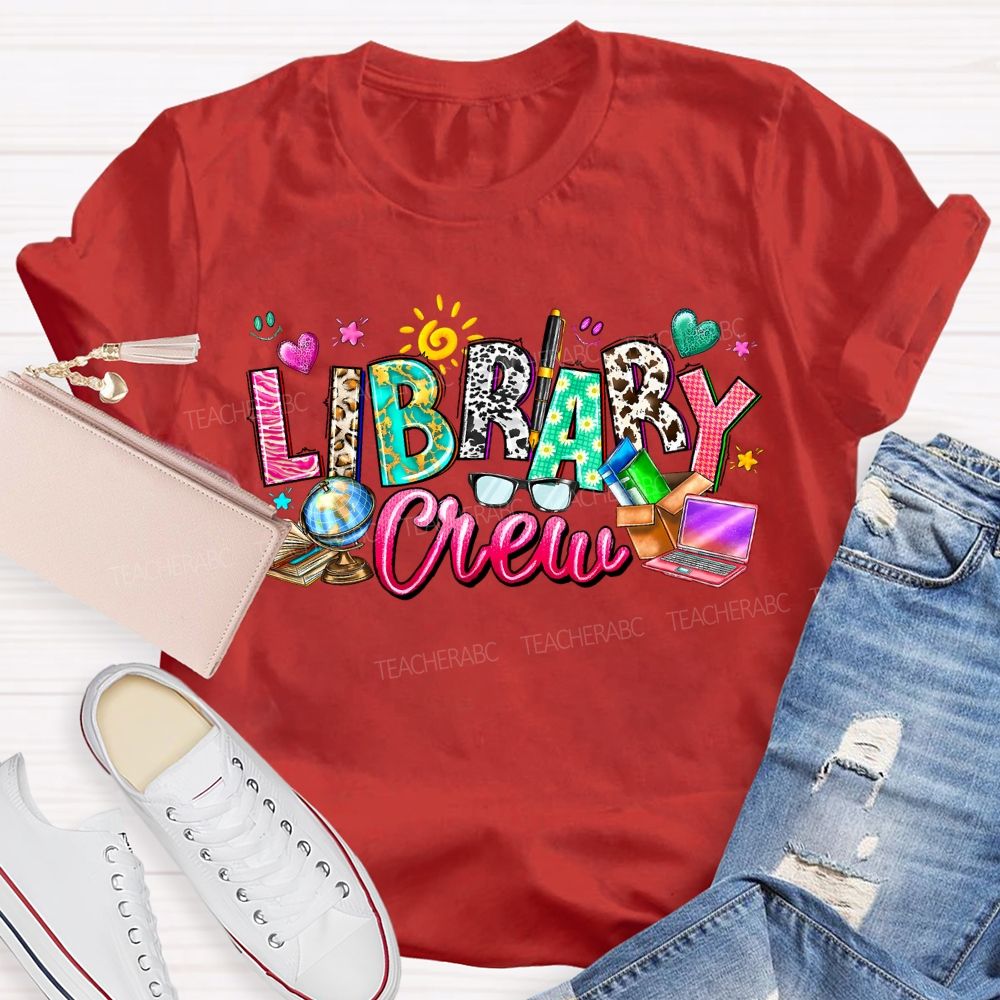 Library Crew Colored Fonts And Colored Hearts T-shirt