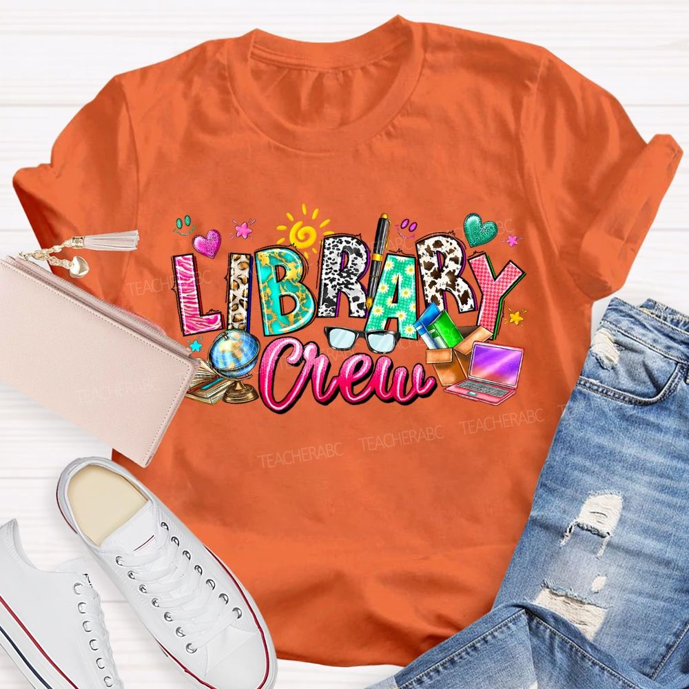 Library Crew Colored Fonts And Colored Hearts T-shirt
