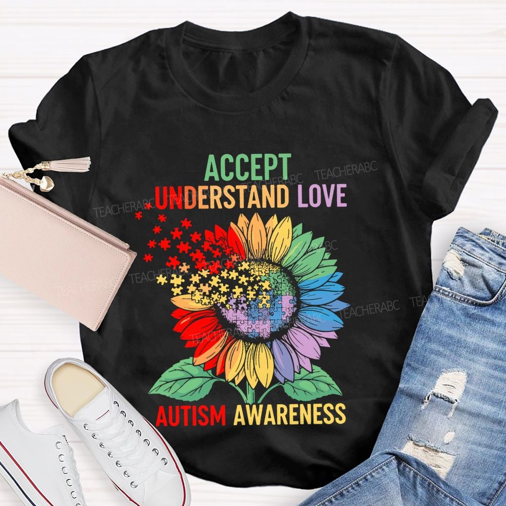Accept Understand Love Autism Awareness Sunflower Puzzle Teacher T-shirt
