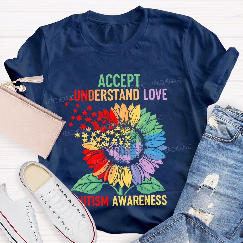Accept Understand Love Autism Awareness Sunflower Puzzle Teacher T-shirt