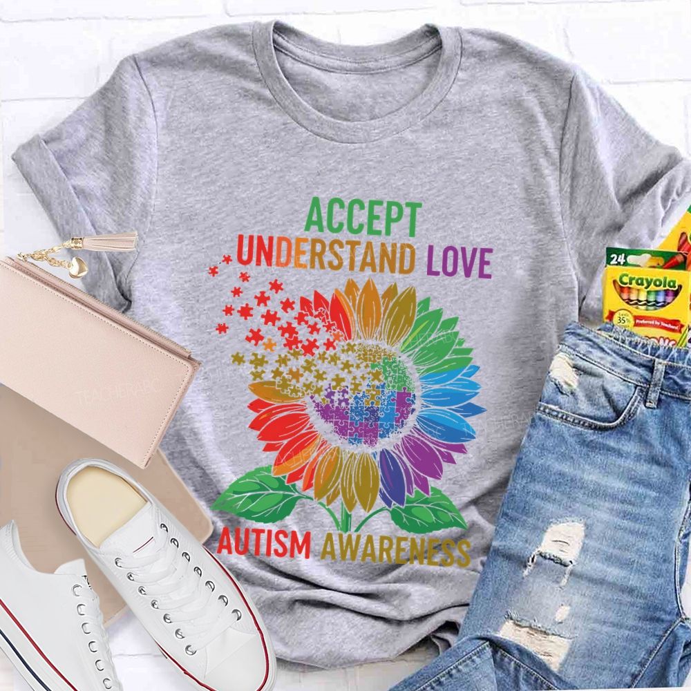 Accept Understand Love Autism Awareness Sunflower Puzzle Teacher T-shirt