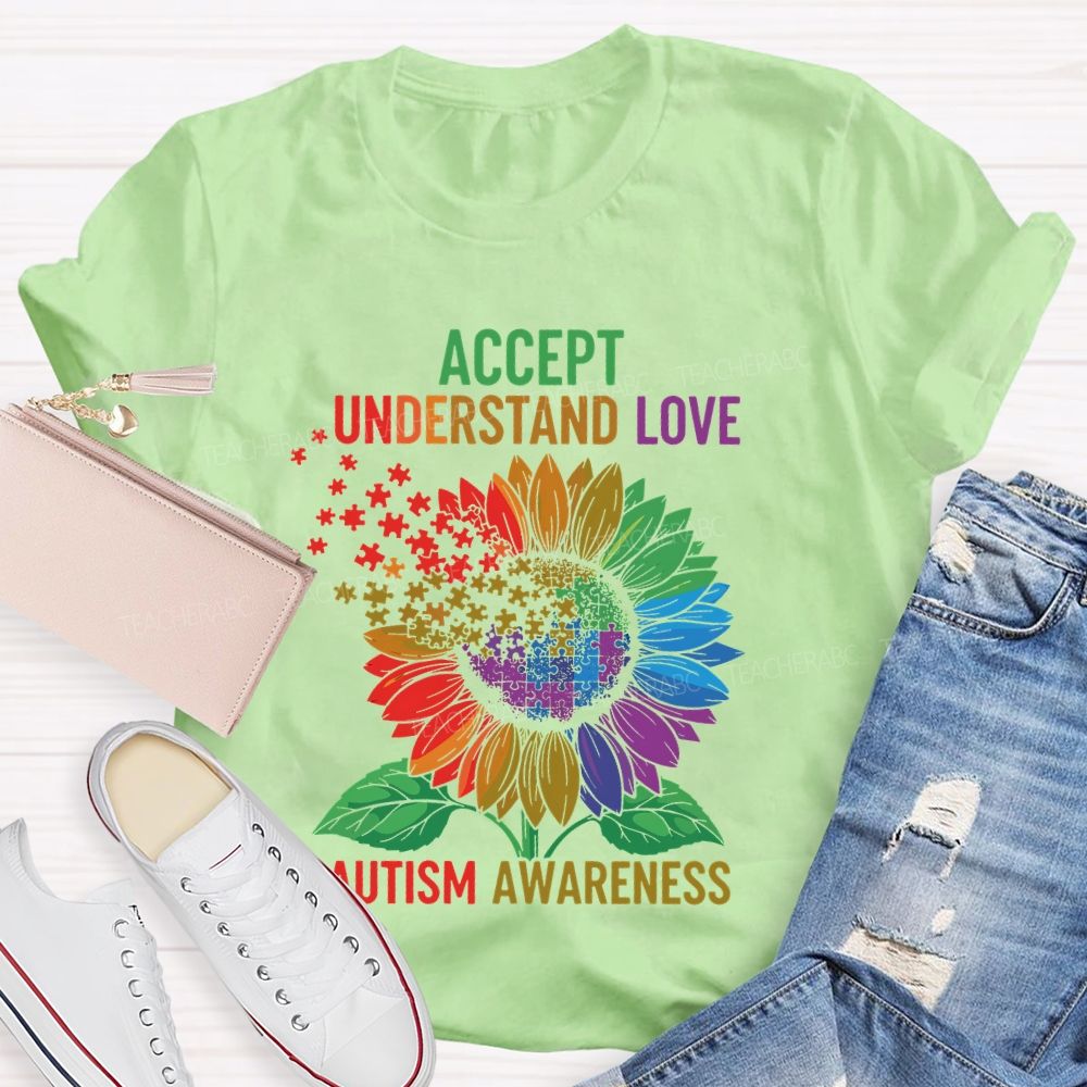 Accept Understand Love Autism Awareness Sunflower Puzzle Teacher T-shirt