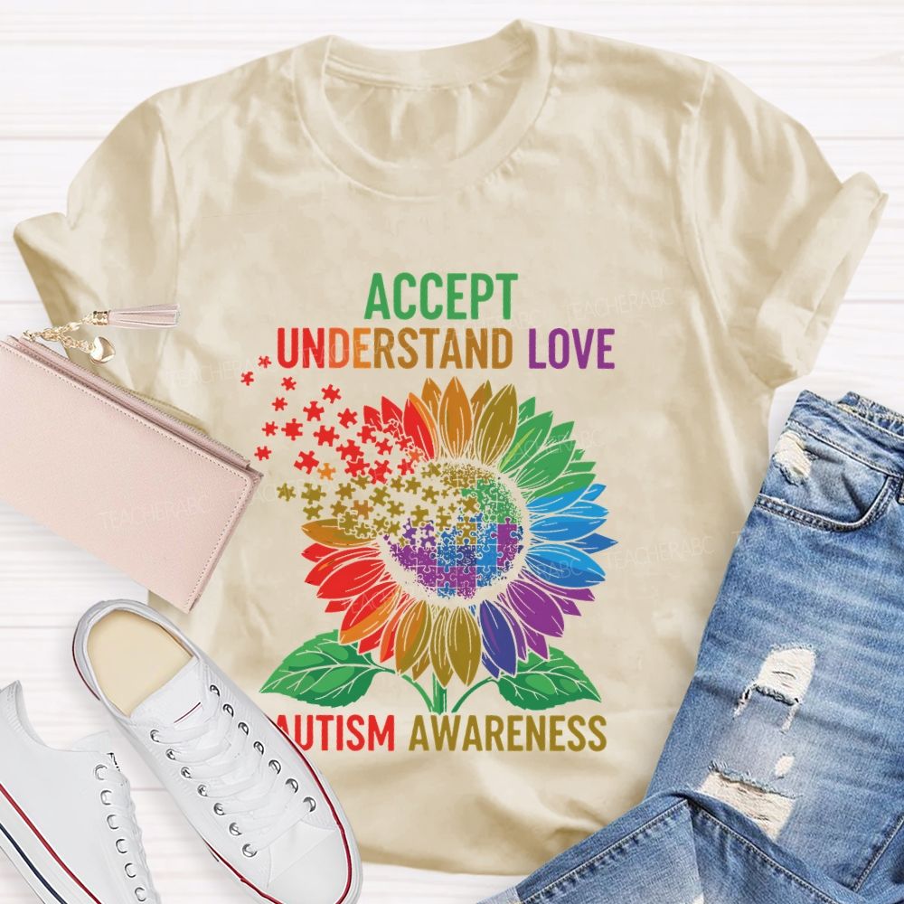 Accept Understand Love Autism Awareness Sunflower Puzzle Teacher T-shirt