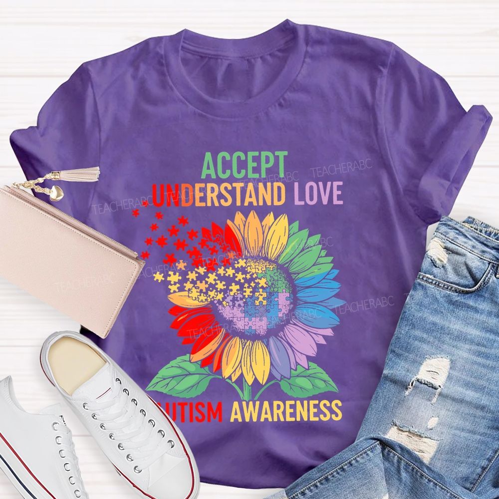 Accept Understand Love Autism Awareness Sunflower Puzzle Teacher T-shirt