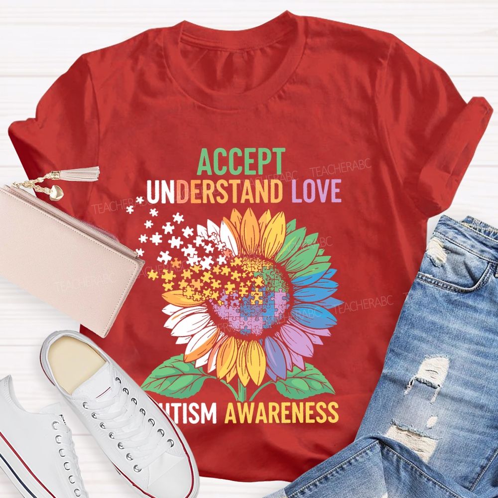 Accept Understand Love Autism Awareness Sunflower Puzzle Teacher T-shirt