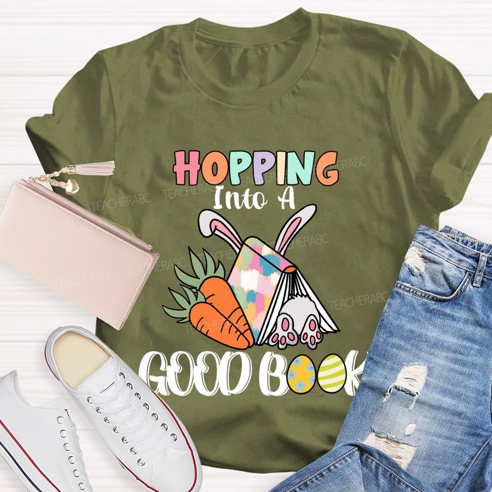 Hopping Into A Good Book Teacher T-shirt