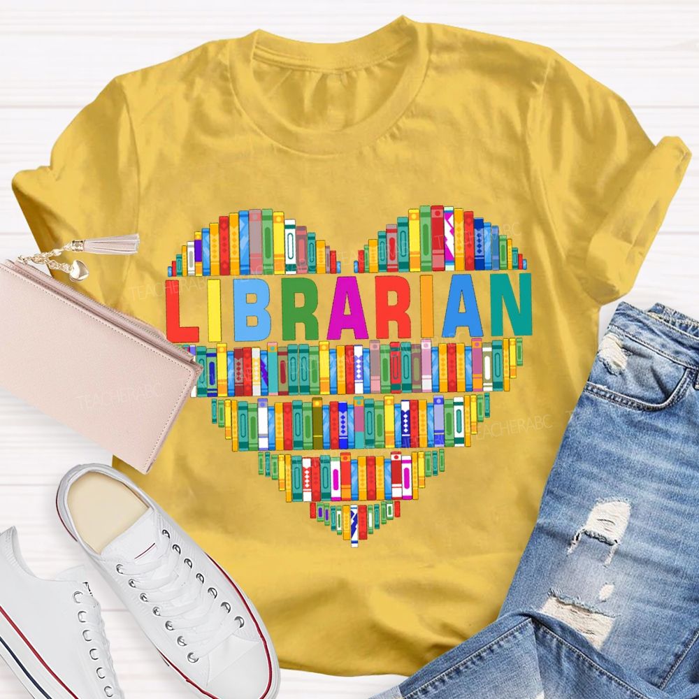 School Librarian Heart-Shaped Colorful Books T-shirt