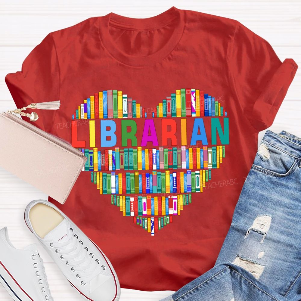 School Librarian Heart-Shaped Colorful Books T-shirt
