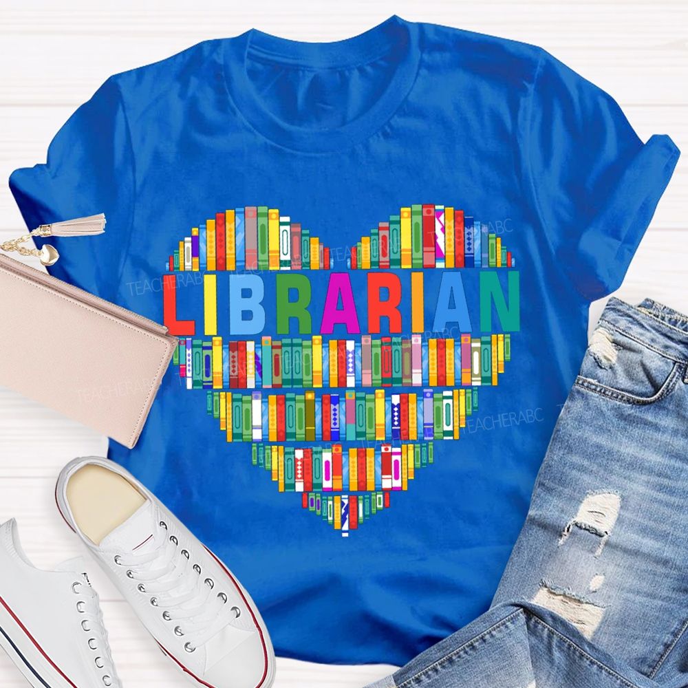 School Librarian Heart-Shaped Colorful Books T-shirt