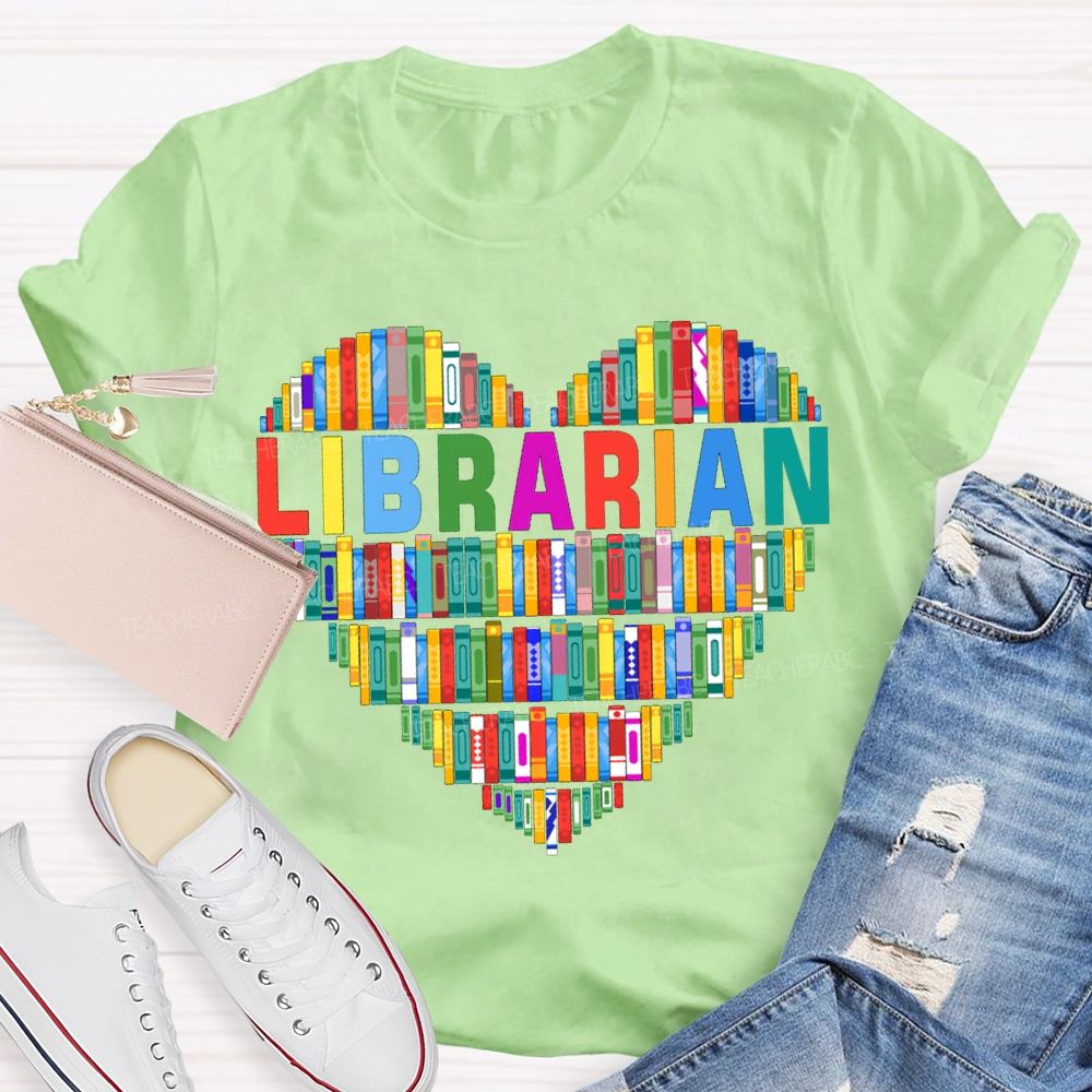 School Librarian Heart-Shaped Colorful Books T-shirt