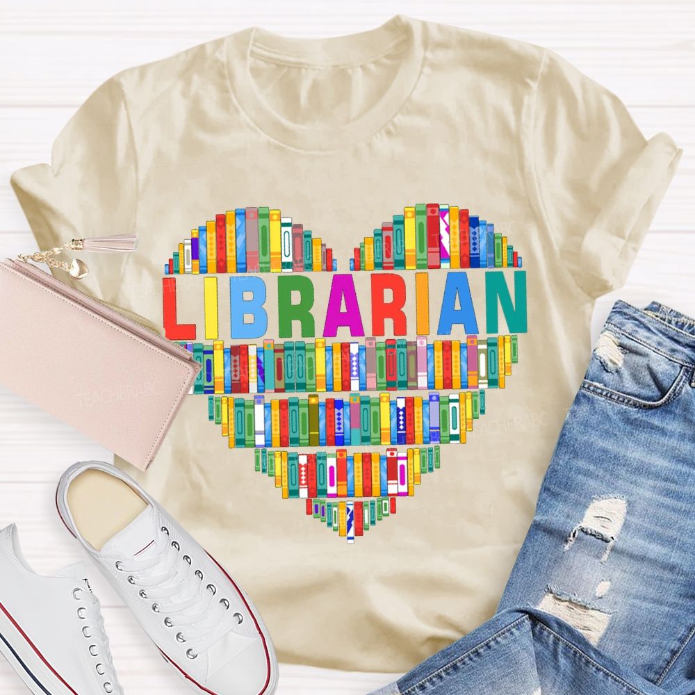 School Librarian Heart-Shaped Colorful Books T-shirt