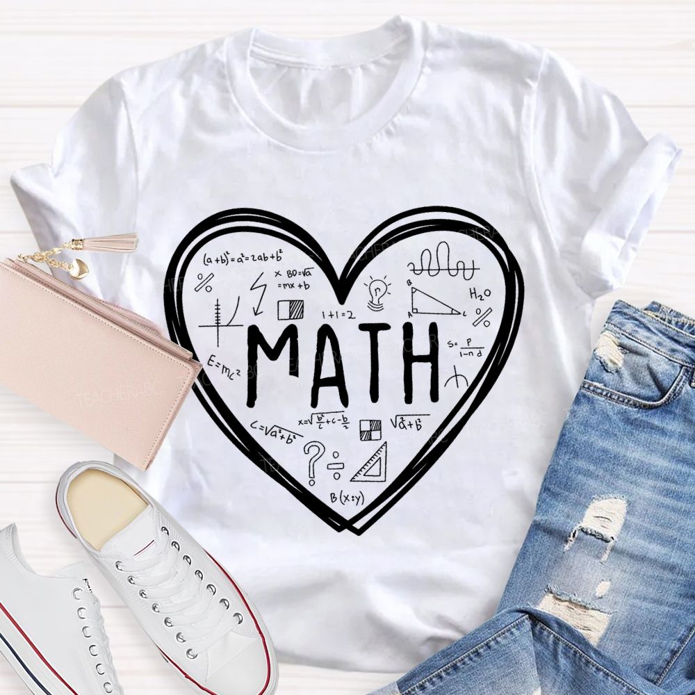 Mathematical Formulas And Heart-Shaped Prints Math Teacher T-shirt