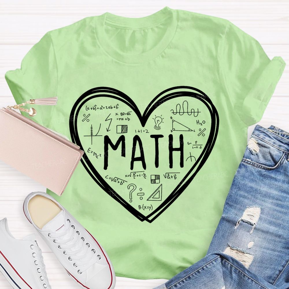 Mathematical Formulas And Heart-Shaped Prints Math Teacher T-shirt
