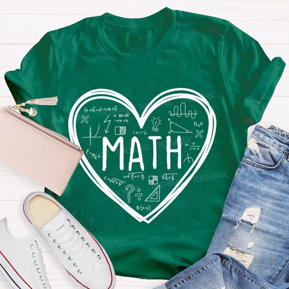Mathematical Formulas And Heart-Shaped Prints Math Teacher T-shirt