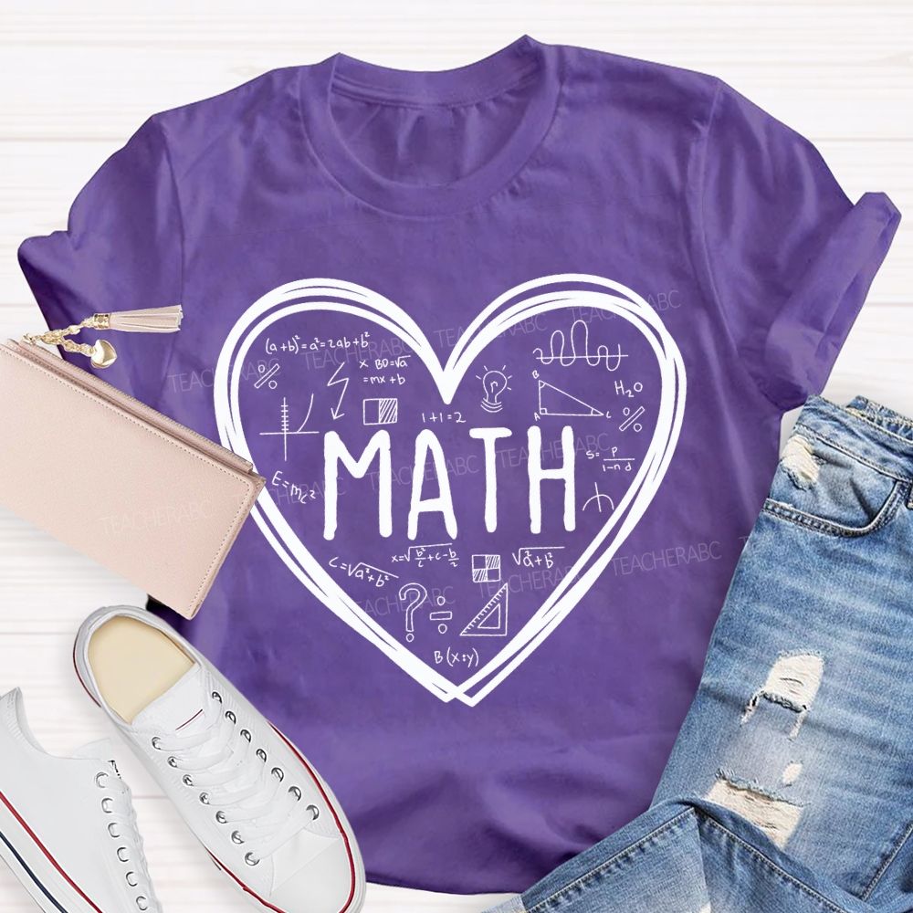Mathematical Formulas And Heart-Shaped Prints Math Teacher T-shirt