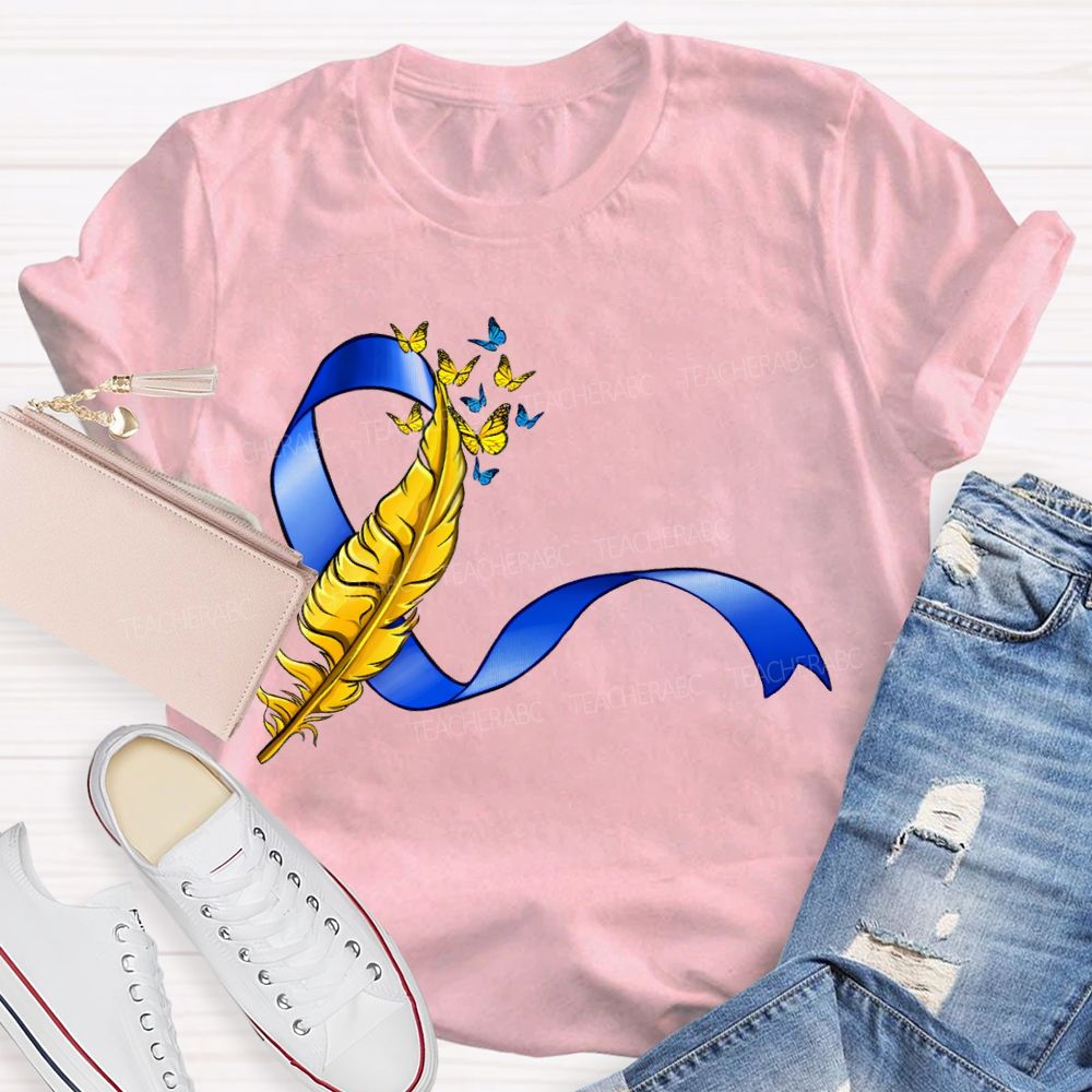 Down Syndrome Feathers And Butterfly Ribbons Teacher T-shirt