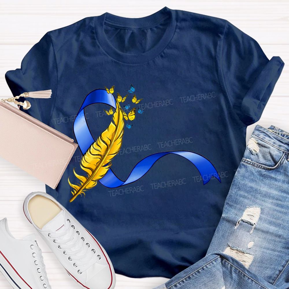 Down Syndrome Feathers And Butterfly Ribbons Teacher T-shirt