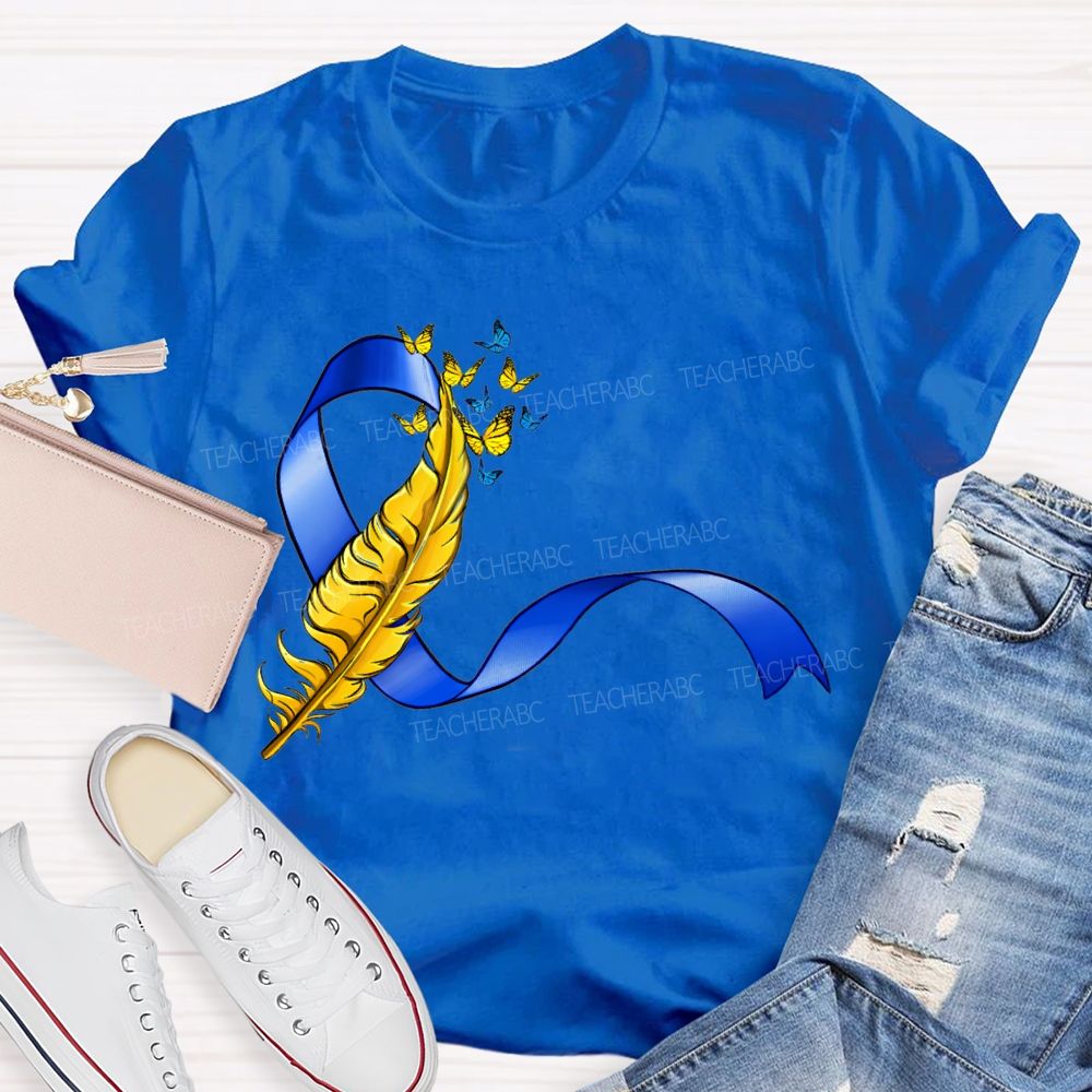 Down Syndrome Feathers And Butterfly Ribbons Teacher T-shirt