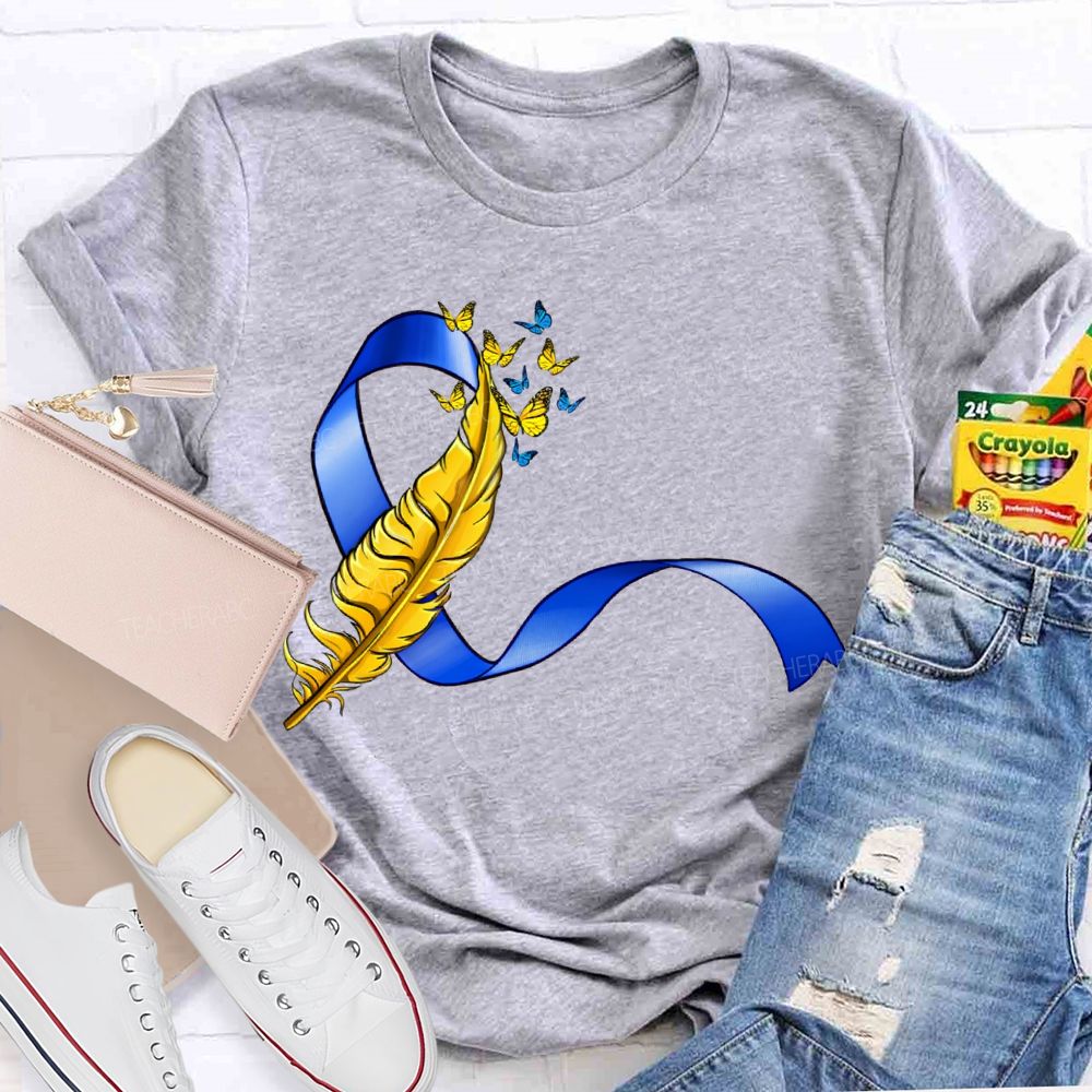Down Syndrome Feathers And Butterfly Ribbons Teacher T-shirt