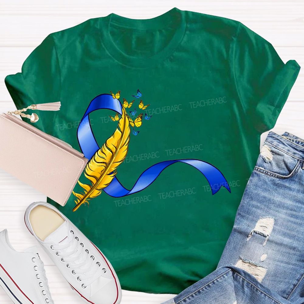 Down Syndrome Feathers And Butterfly Ribbons Teacher T-shirt