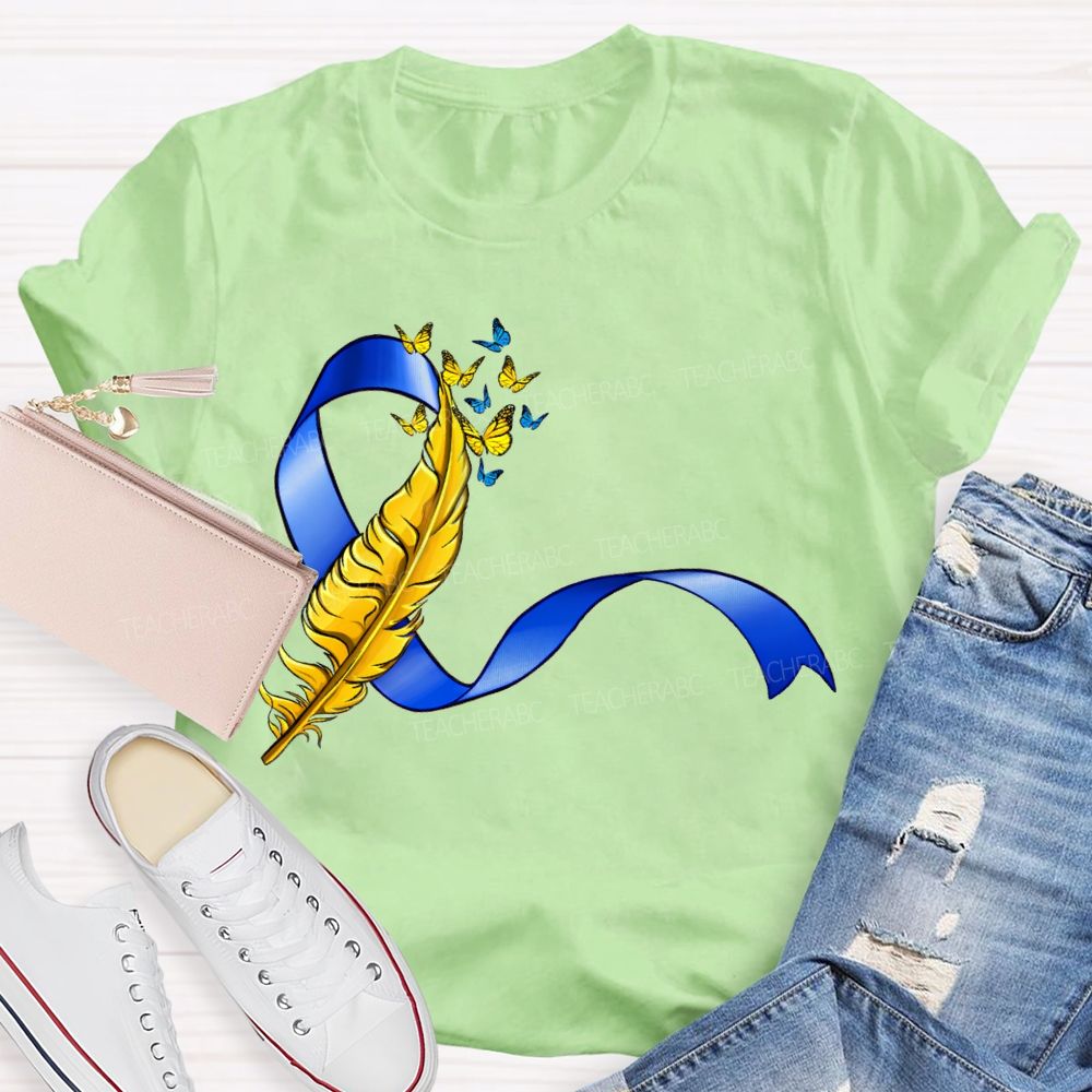 Down Syndrome Feathers And Butterfly Ribbons Teacher T-shirt