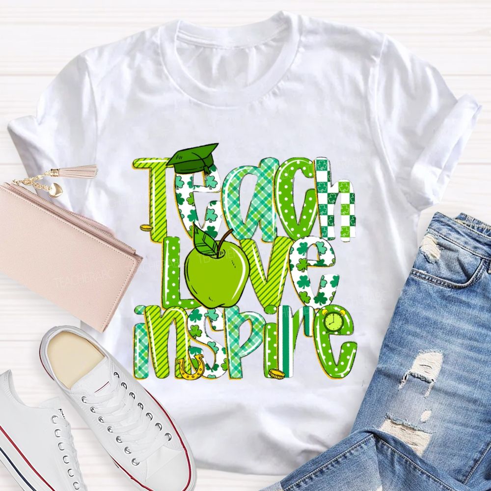 Teach Love Inspire Green Apple Strip Teacher T-shirt