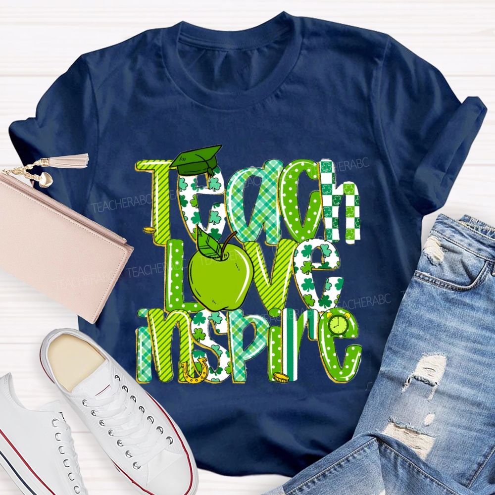 Teach Love Inspire Green Apple Strip Teacher T-shirt