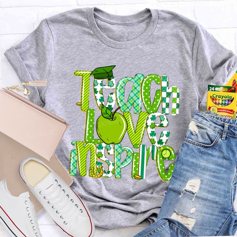 Teach Love Inspire Green Apple Strip Teacher T-shirt