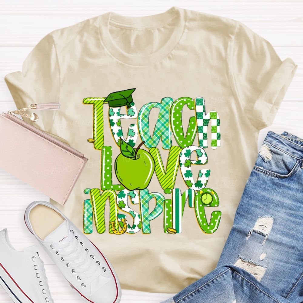 Teach Love Inspire Green Apple Strip Teacher T-shirt