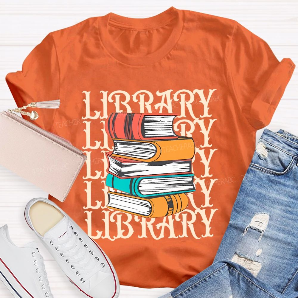 School Library Colored Books Teacher T-shirt
