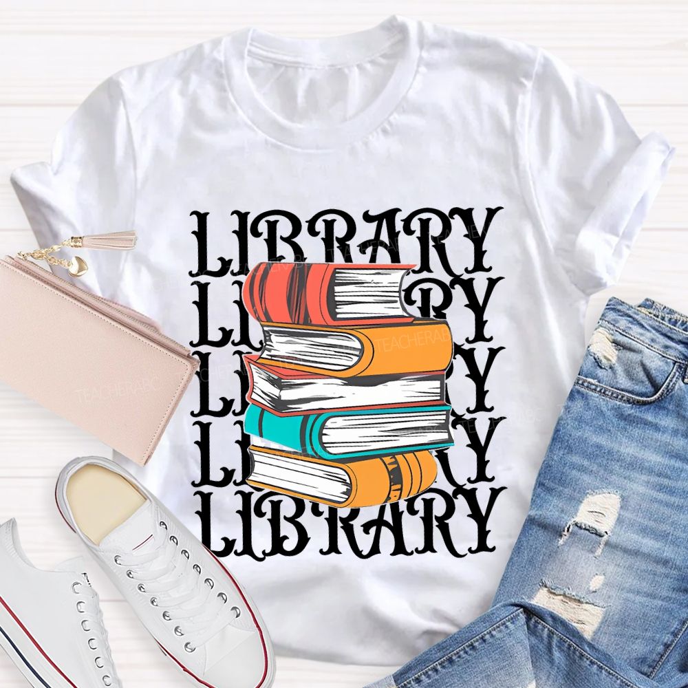 School Library Colored Books Teacher T-shirt