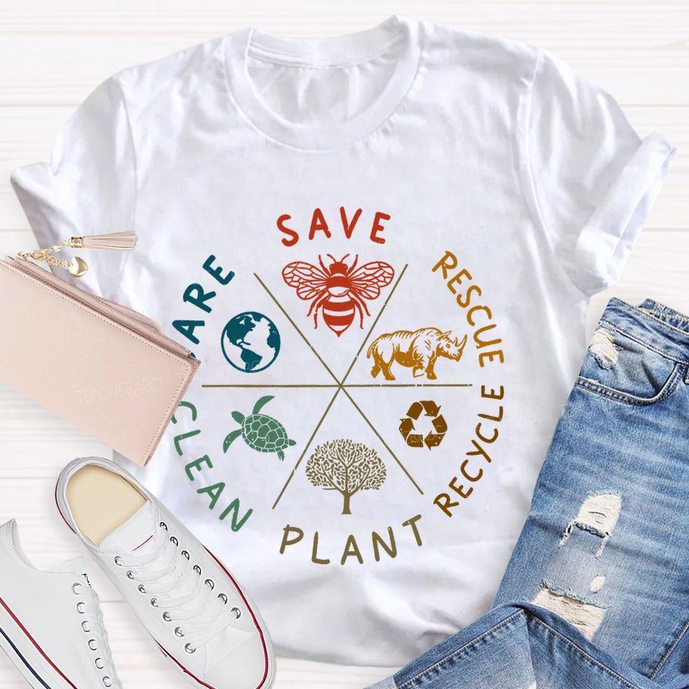 Save Care Clean Plant Recycle Rescue Pattern Teacher T-shirt