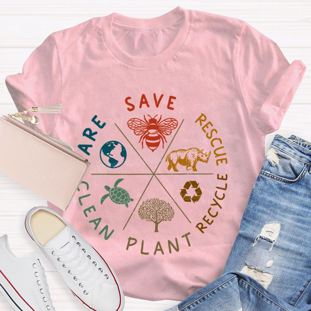 Save Care Clean Plant Recycle Rescue Pattern Teacher T-shirt