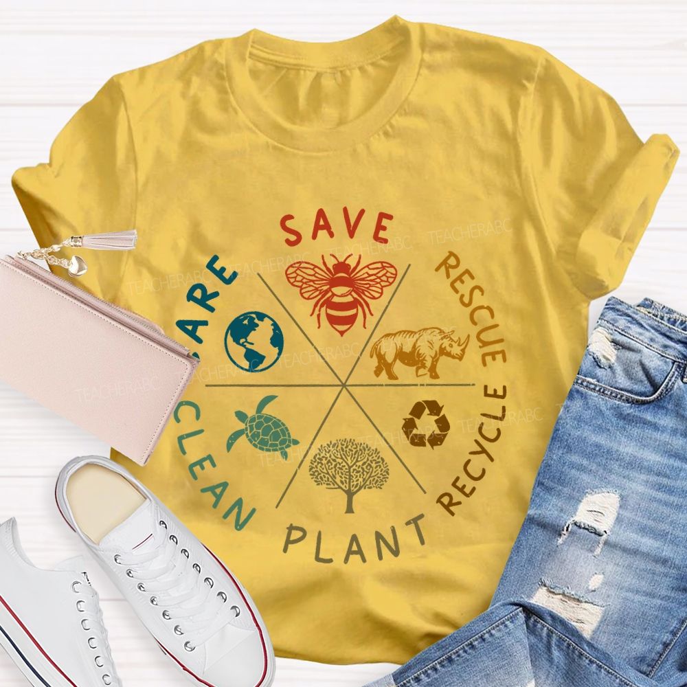 Save Care Clean Plant Recycle Rescue Pattern Teacher T-shirt