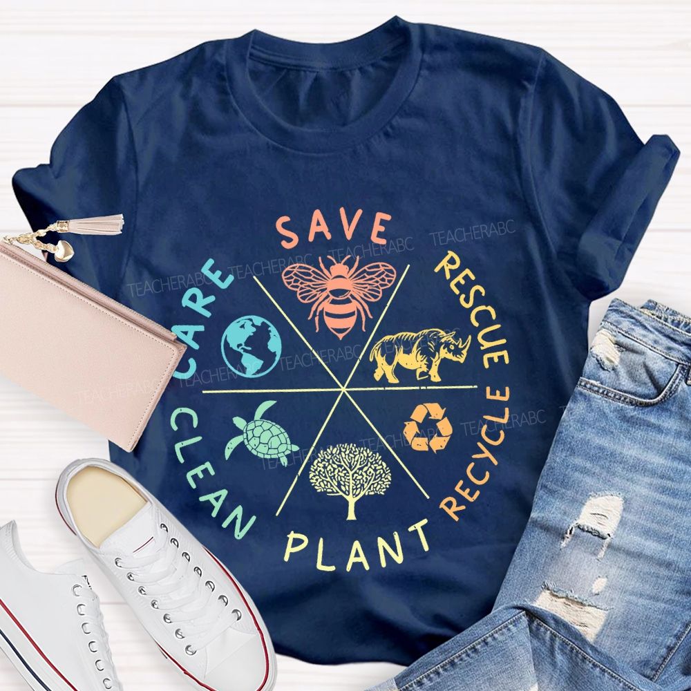 Save Care Clean Plant Recycle Rescue Pattern Teacher T-shirt