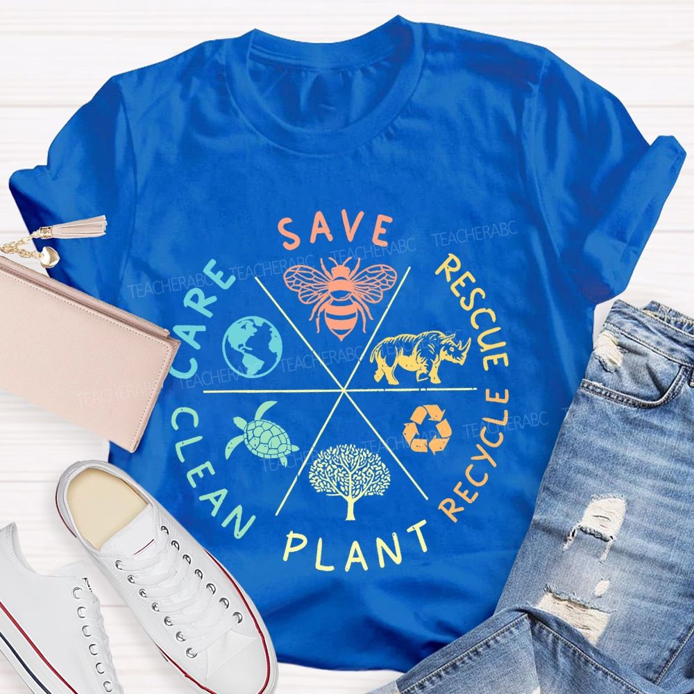 Save Care Clean Plant Recycle Rescue Pattern Teacher T-shirt