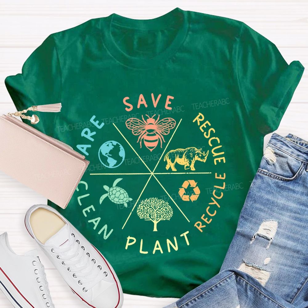 Save Care Clean Plant Recycle Rescue Pattern Teacher T-shirt