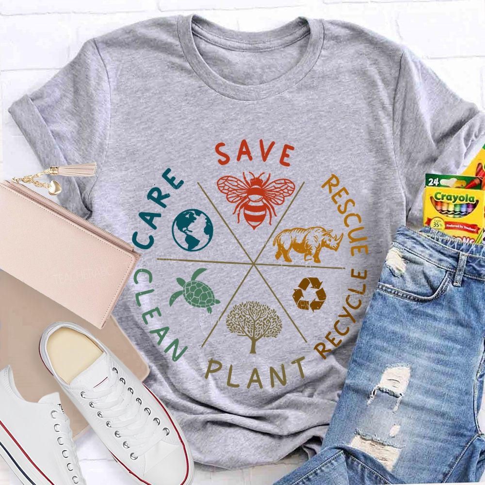 Save Care Clean Plant Recycle Rescue Pattern Teacher T-shirt