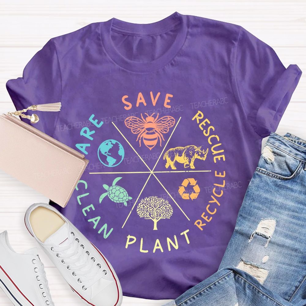 Save Care Clean Plant Recycle Rescue Pattern Teacher T-shirt