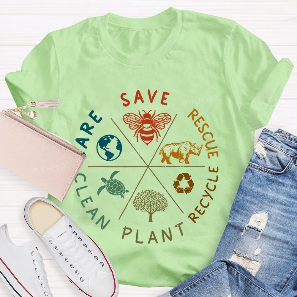 Save Care Clean Plant Recycle Rescue Pattern Teacher T-shirt