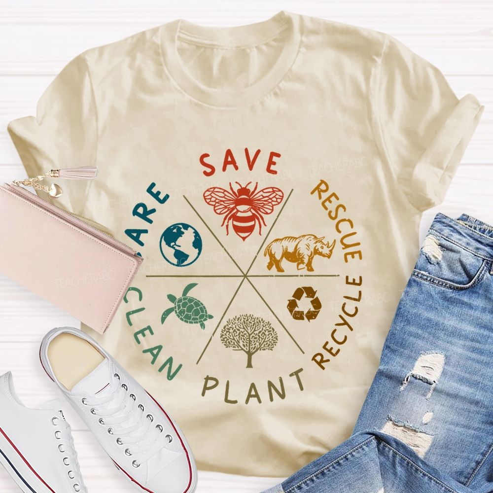 Save Care Clean Plant Recycle Rescue Pattern Teacher T-shirt