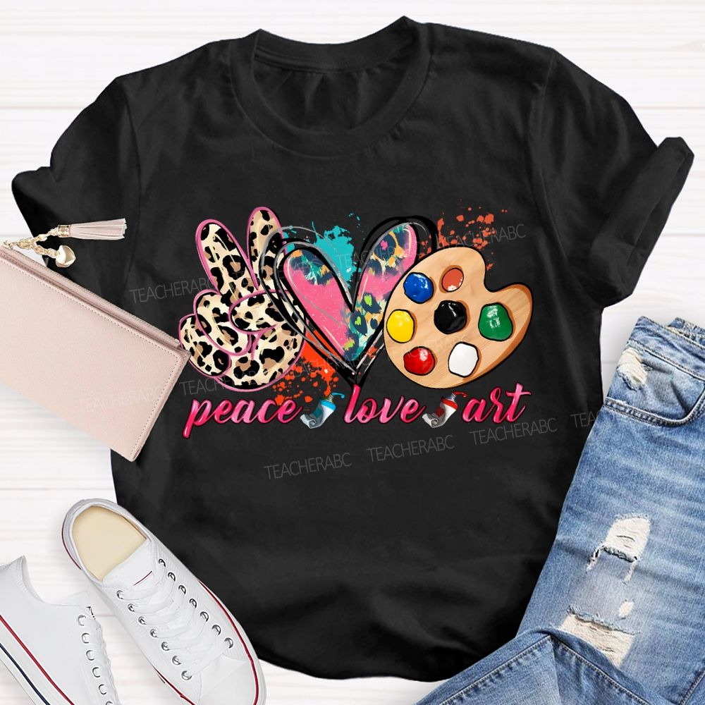 Peace Love Art Colorful Tie-Dye Hearts Teacher T-shirt