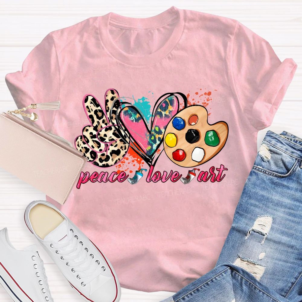 Peace Love Art Colorful Tie-Dye Hearts Teacher T-shirt