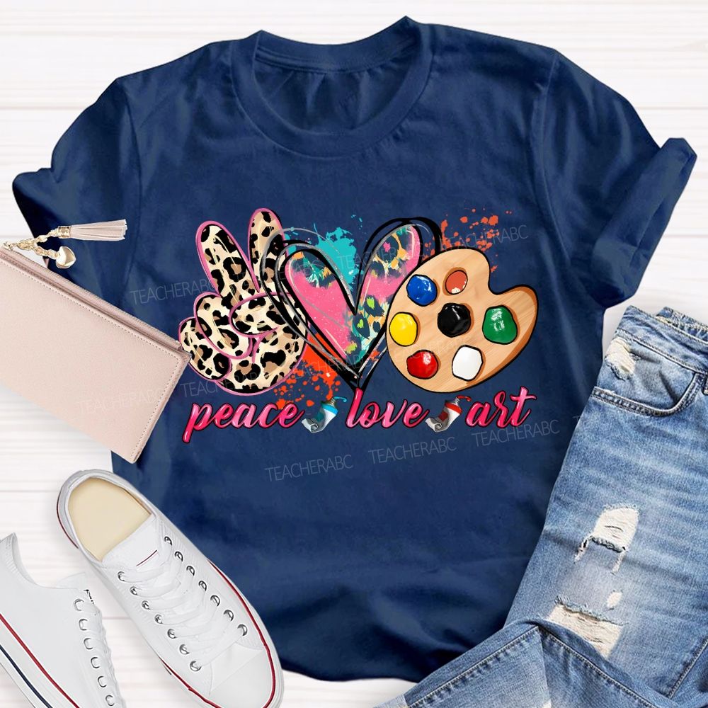 Peace Love Art Colorful Tie-Dye Hearts Teacher T-shirt